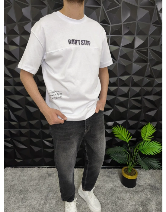 Beyaz Dont Stop Kabartmalı baskı Oversize T-Shirt