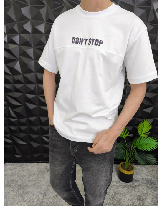 Beyaz Dont Stop Kabartmalı baskı Oversize T-Shirt