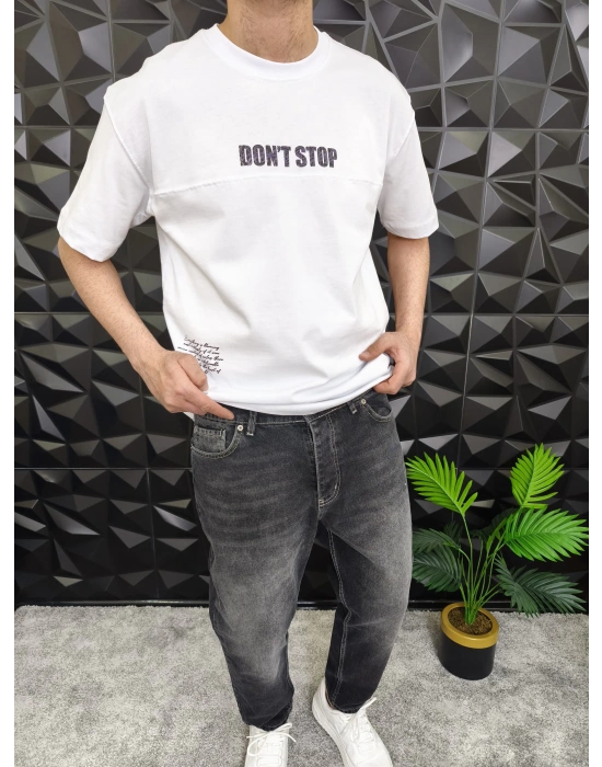Beyaz Dont Stop Kabartmalı baskı Oversize T-Shirt
