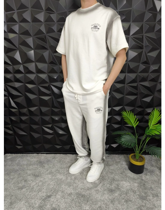 Bol Kalıp Yüksek Gramajlı Efektli Baskılı Eşofman Takım Beyaz