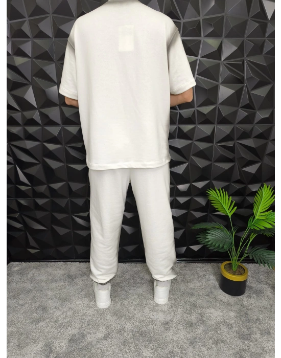 Bol Kalıp Yüksek Gramajlı Efektli Baskılı Eşofman Takım Beyaz