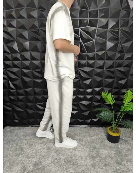 Bol Kalıp Yüksek Gramajlı Efektli Baskılı Eşofman Takım Beyaz