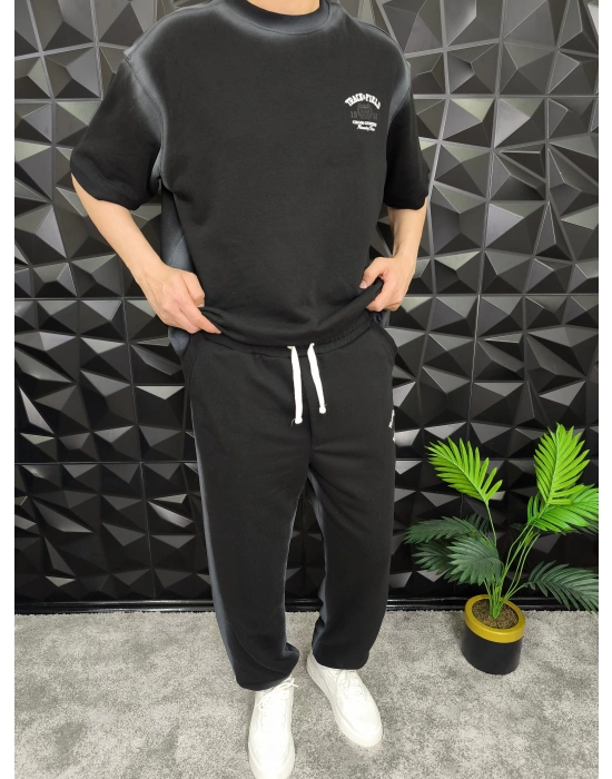 Bol Kalıp Yüksek Gramajlı Efektli Baskılı Eşofman Takım Siyah