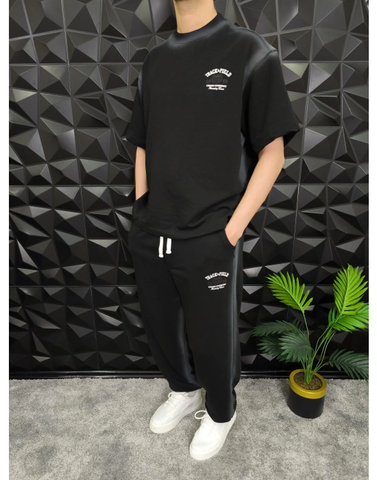 Bol Kalıp Yüksek Gramajlı Efektli Baskılı Eşofman Takım Siyah