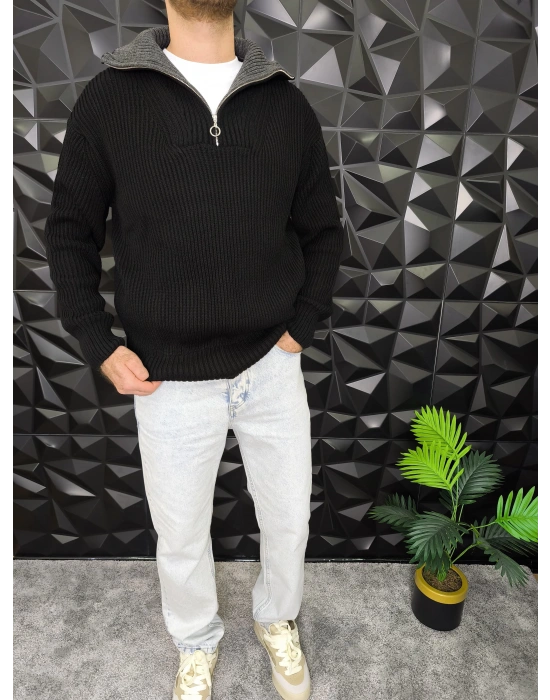 Çift Katlı Yaka Yarım Fermuarlı Örme Kazak Siyah