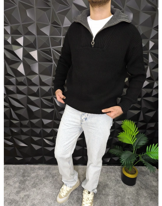 Çift Katlı Yaka Yarım Fermuarlı Örme Kazak Siyah