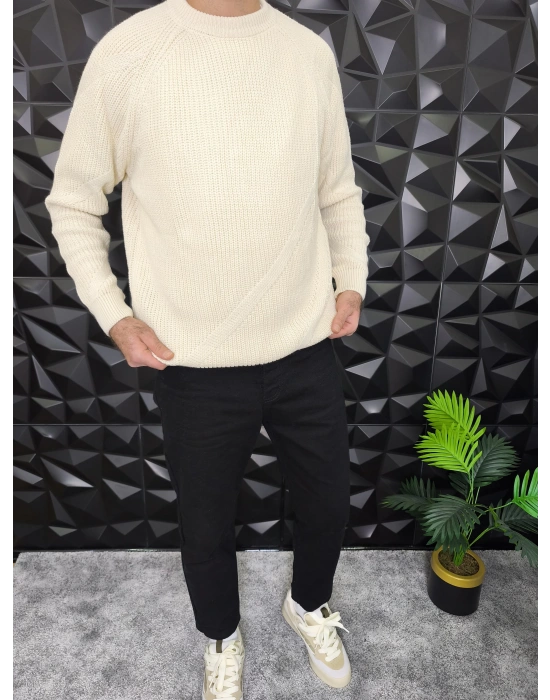 Çizgi Detaylı Örme Kazak Bej