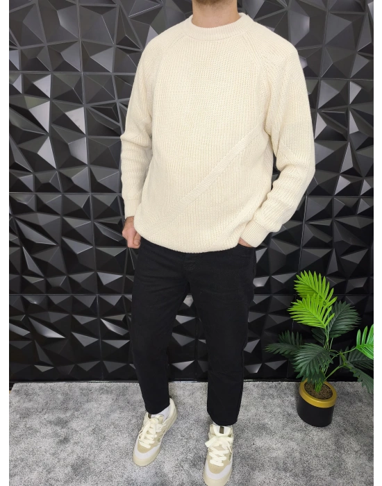 Çizgi Detaylı Örme Kazak Bej