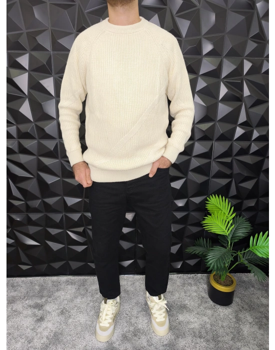 Çizgi Detaylı Örme Kazak Bej