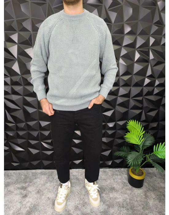 Çizgi Detaylı Örme Kazak Gri