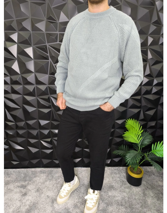 Çizgi Detaylı Örme Kazak Gri