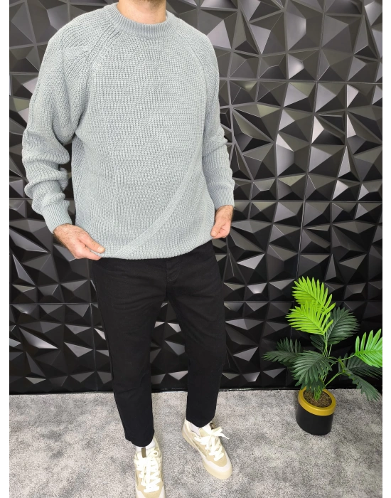 Çizgi Detaylı Örme Kazak Gri