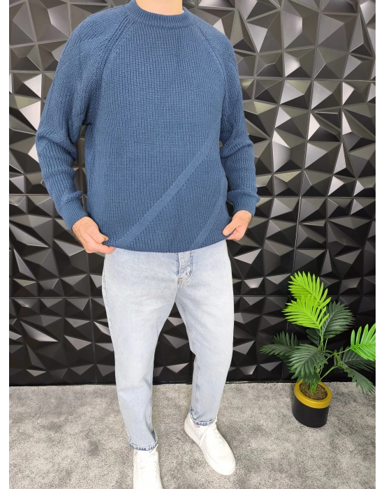 Çizgi Detaylı Örme Kazak İndigo