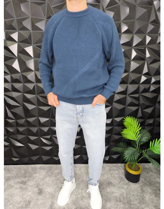 Çizgi Detaylı Örme Kazak İndigo