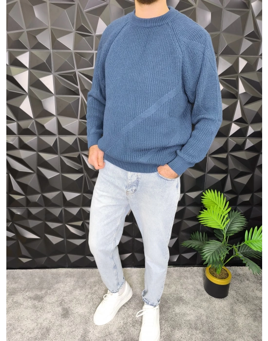 Çizgi Detaylı Örme Kazak İndigo