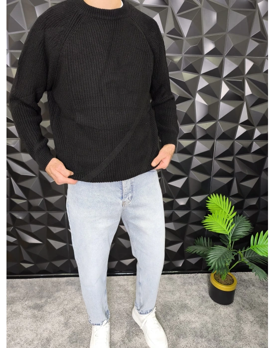 Çizgi Detaylı Örme Kazak Siyah