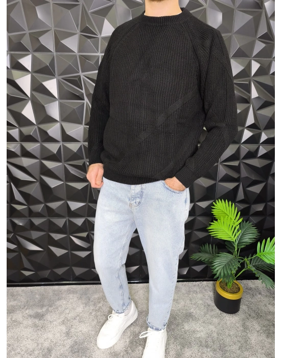 Çizgi Detaylı Örme Kazak Siyah