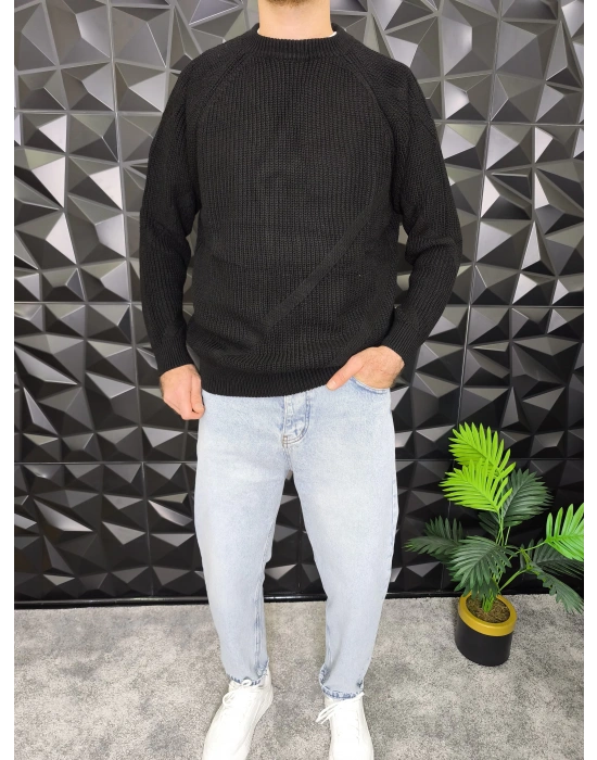 Çizgi Detaylı Örme Kazak Siyah