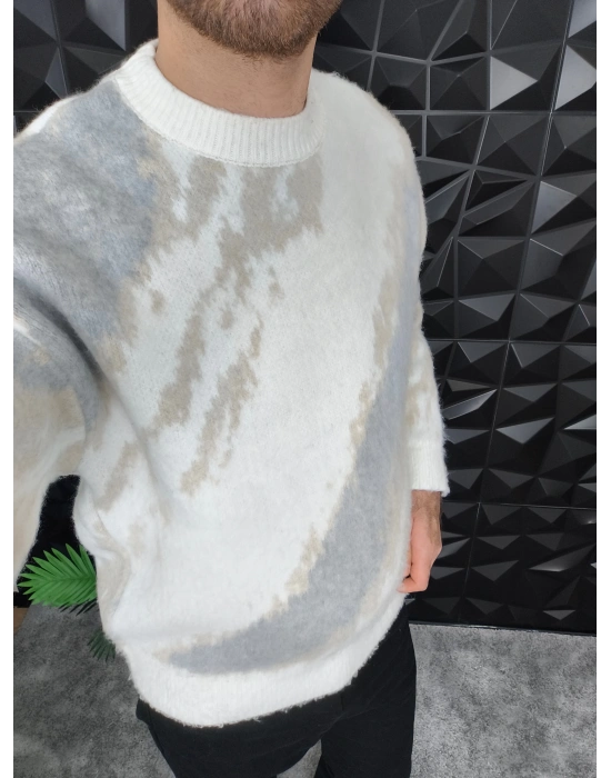 Desenli Yumuşak Dokulu Kalın Kazak Beyaz