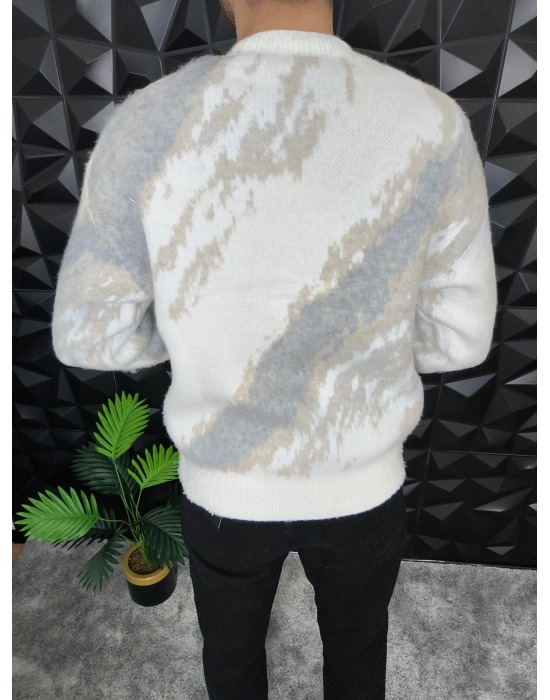 Desenli Yumuşak Dokulu Kalın Kazak Beyaz