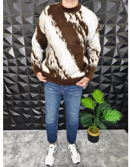 Desenli Yumuşak Dokulu Kalın Kazak Kahverengi