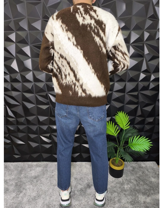 Desenli Yumuşak Dokulu Kalın Kazak Kahverengi