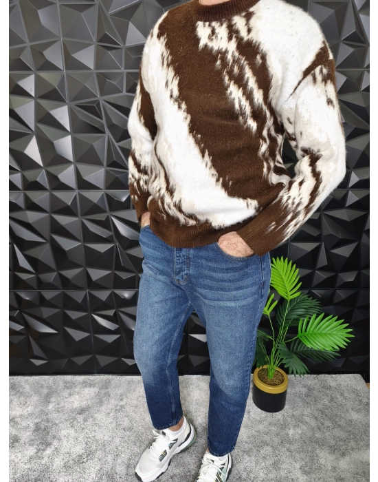 Desenli Yumuşak Dokulu Kalın Kazak Kahverengi