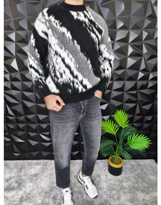 Desenli Yumuşak Dokulu Kalın Kazak Siyah