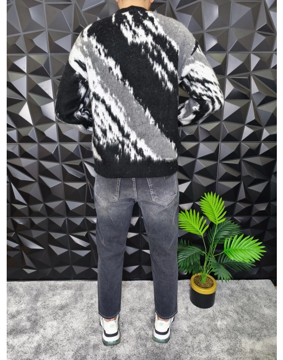 Desenli Yumuşak Dokulu Kalın Kazak Siyah