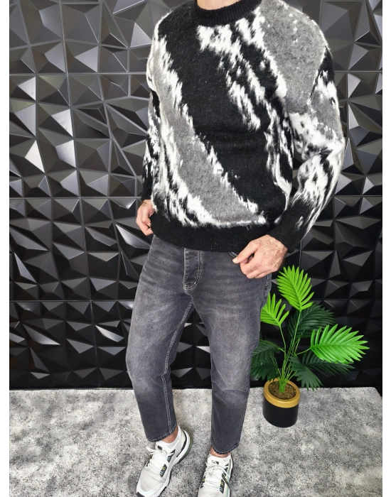 Desenli Yumuşak Dokulu Kalın Kazak Siyah