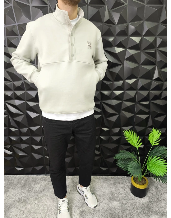 Dik Yaka Çıtçıt Detaylı 3 İplik Şardonlu Sweatshirt Gri