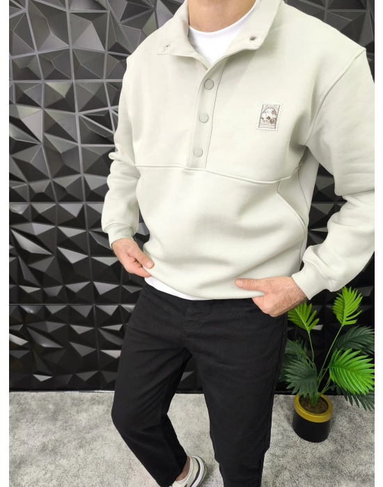 Dik Yaka Çıtçıt Detaylı 3 İplik Şardonlu Sweatshirt Gri