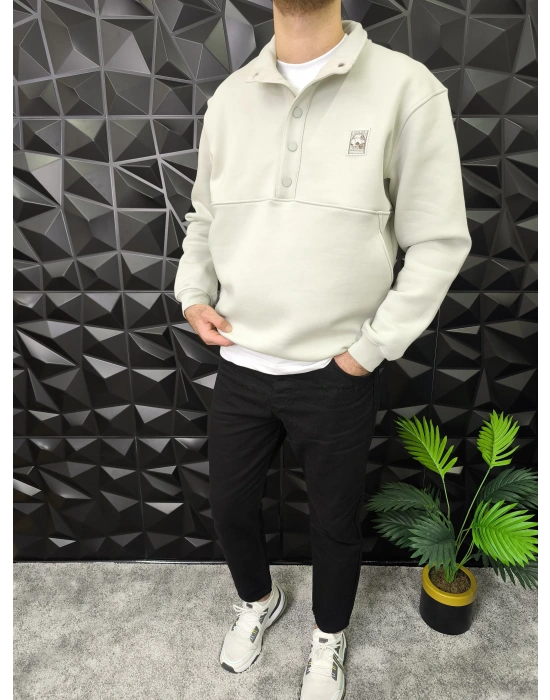 Dik Yaka Çıtçıt Detaylı 3 İplik Şardonlu Sweatshirt Gri