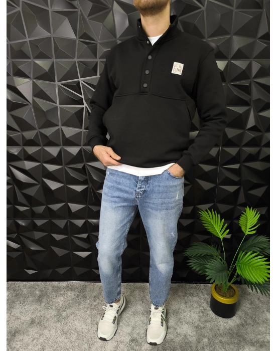 Dik Yaka Çıtçıt Detaylı 3 İplik Şardonlu Sweatshirt Siyah