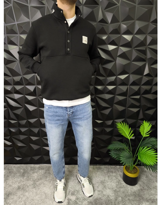 Dik Yaka Çıtçıt Detaylı 3 İplik Şardonlu Sweatshirt Siyah