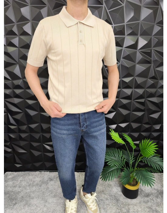 Dikey Çizgili Polo Yaka Triko T-Shirt Bej
