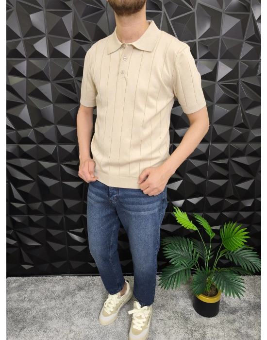 Dikey Çizgili Polo Yaka Triko T-Shirt Bej