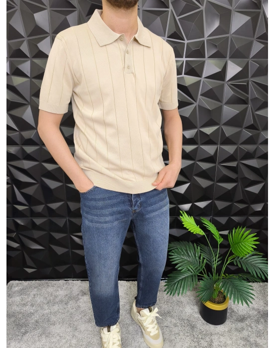 Dikey Çizgili Polo Yaka Triko T-Shirt Bej
