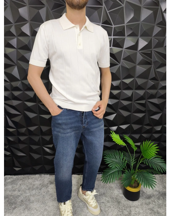 Dikey Çizgili Polo Yaka Triko T-Shirt Beyaz