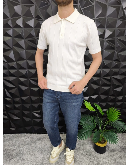 Dikey Çizgili Polo Yaka Triko T-Shirt Beyaz