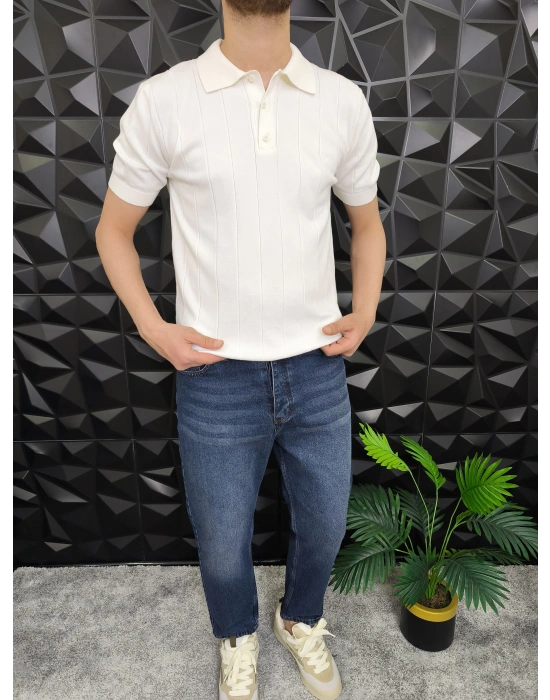 Dikey Çizgili Polo Yaka Triko T-Shirt Beyaz