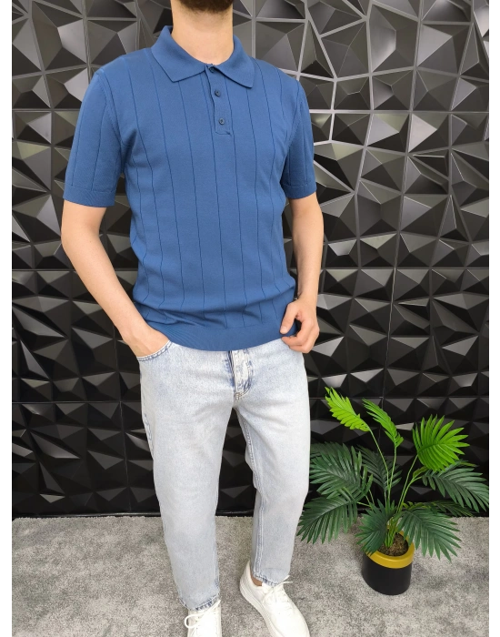 Dikey Çizgili Polo Yaka Triko T-Shirt Petrol Mavisi