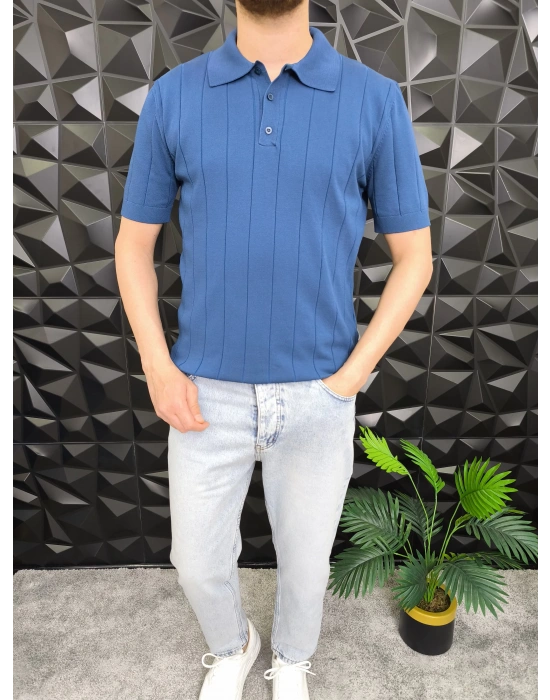 Dikey Çizgili Polo Yaka Triko T-Shirt Petrol Mavisi