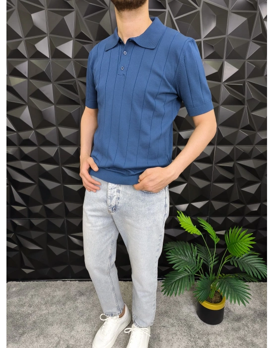Dikey Çizgili Polo Yaka Triko T-Shirt Petrol Mavisi