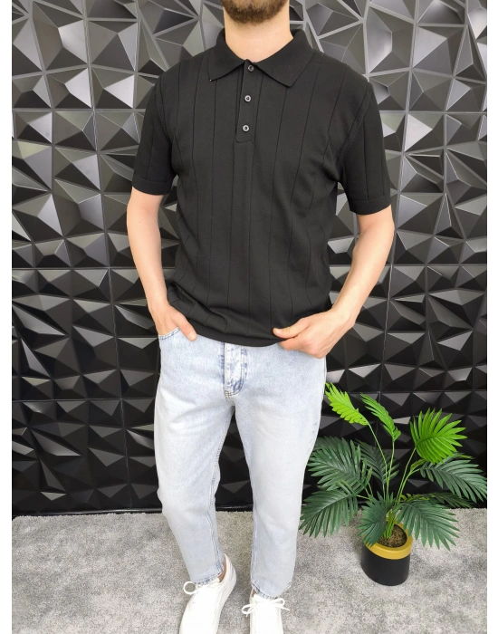 Dikey Çizgili Polo Yaka Triko T-Shirt Siyah