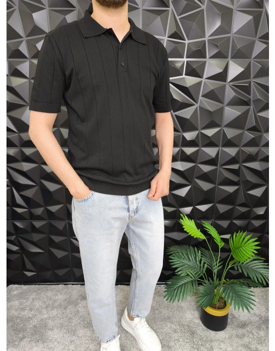 Dikey Çizgili Polo Yaka Triko T-Shirt Siyah