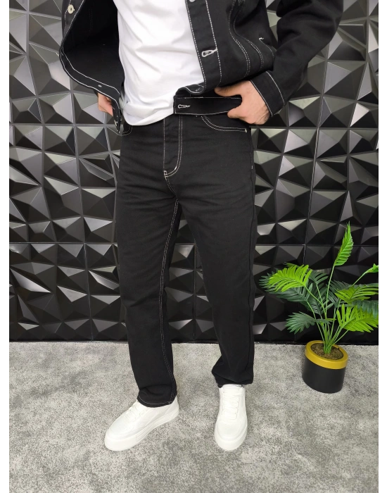 Dikiş Detaylı Siyah Basic Baggy Jean