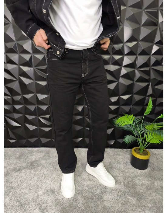Dikiş Detaylı Siyah Basic Baggy Jean
