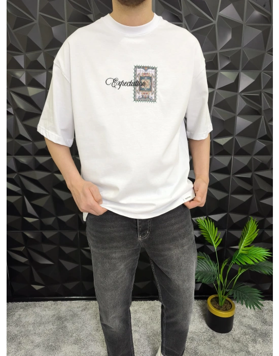 Expectation Nakışlı Patchli Oversize T-Shirt Beyaz
