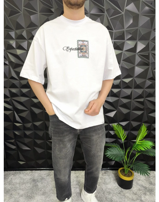 Expectation Nakışlı Patchli Oversize T-Shirt Beyaz